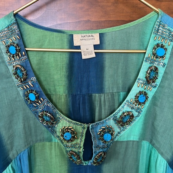 100% Cotton Striped Blue Green Turquoise Bead Detail Beach Swim Cover Dress - Picture 3 of 8